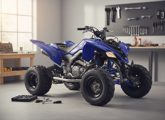 Blue Yamaha YFZ450 (2004–2009 carb) in a garage with seat off during no-start troubleshooting If you want a slightly more keyword-forward version:  Yamaha YFZ450 2004–2009 carb no-start troubleshooting in garage workshop